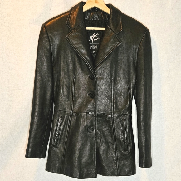 Ms. Maxima black leather coat mid-length trench size women's M - Picture 13 of 13
